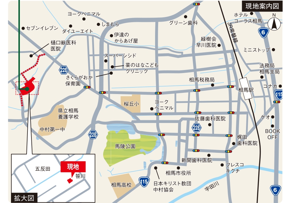 相馬市周辺の現地案内図。主要道路や施設が記載されており、保育園、学校、医療施設、スーパーなどの位置が示されています。現地の場所は赤い四角で強調されています。