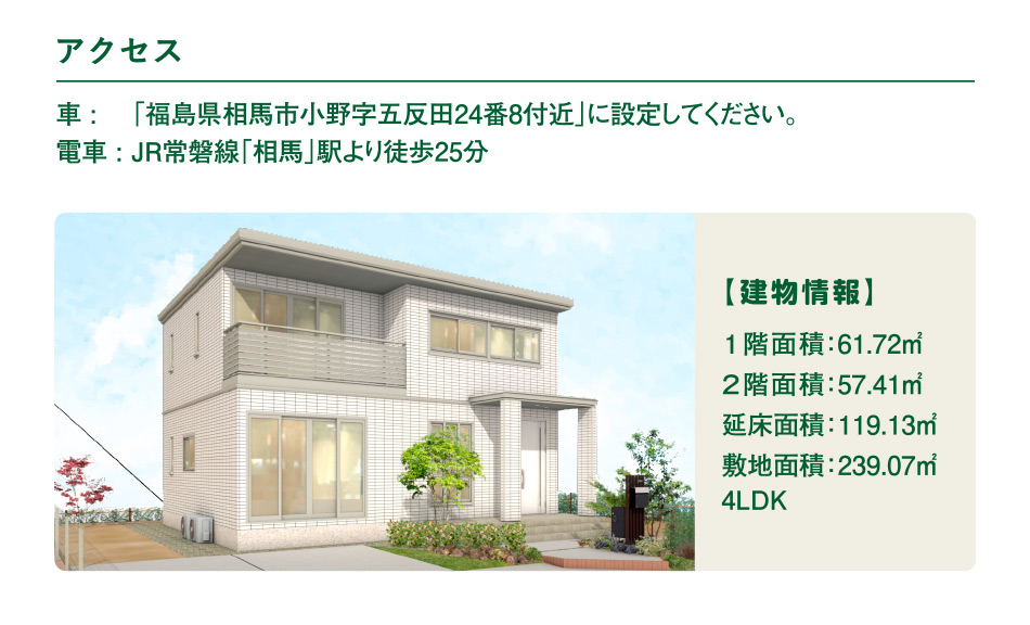 GREEN MODEL PARK相馬小野案内画像3　アクセス情報と建物情報が書かれた画像です。福島県相馬市小野にある物件で、車や電車でのアクセスが案内されています。建物は2階建てで、1階面積61.72㎡、2階面積57.41㎡、延床面積119.13㎡、敷地面積239.07㎡、4LDKの家です