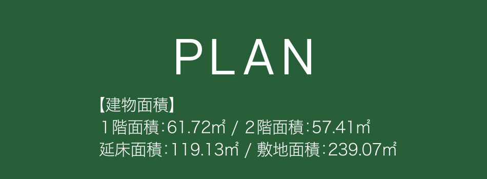 PLANと大きく表示され、建物面積の情報が書かれています。1階面積は61.72平方メートル、2階面積は57.41平方メートル、延床面積は119.13平方メートル、敷地面積は239.07平方メートルと記載されています。