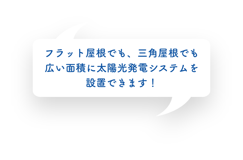 フラット屋根でも、三角屋根でも広い面積に太陽光発電システムを設置できます！というメッセージ。