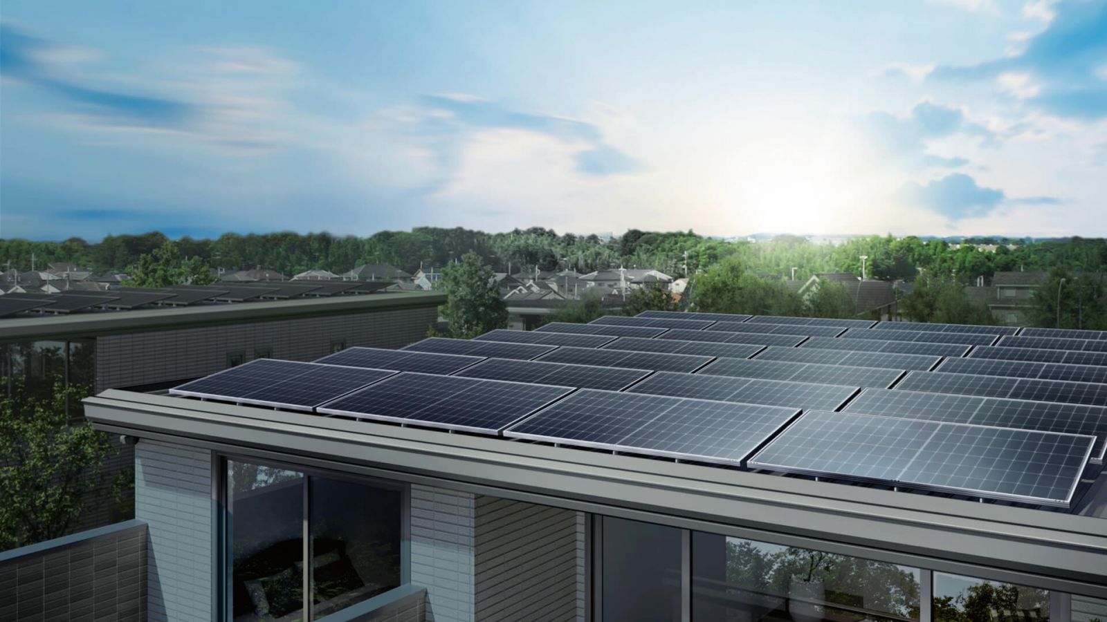 smartconceptのメイン画像。セキスイハイムの住宅に、大容量の太陽光パネルが搭載されています。