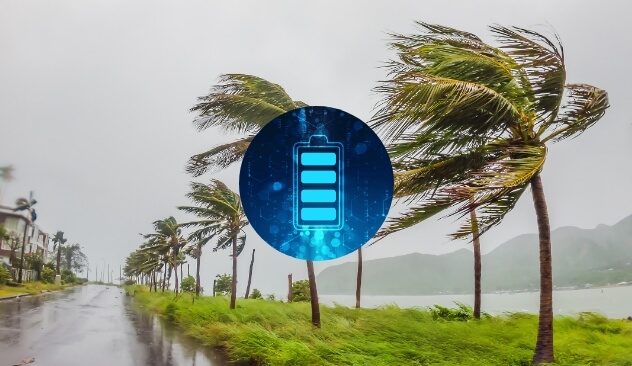 停電に備えるのイメージ画像。強風で大きく揺れるヤシの木々と雨に濡れた道路が描かれた風景の中央に、青いバッテリーのアイコンが重なっています。嵐の中でもエネルギーの持続性を示唆しています。