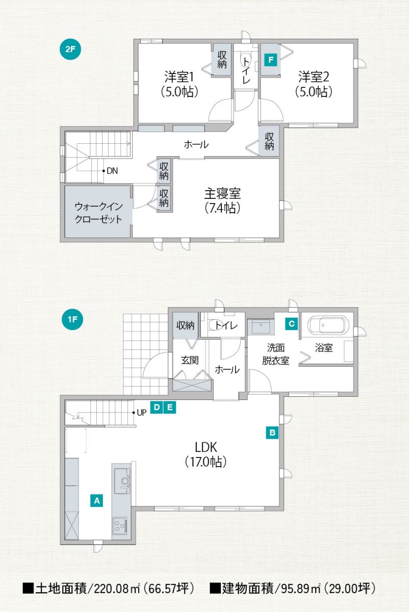 2階の間取り図。1階は広々としたリビングダイニング（17帖）を中心に、キッチンや浴室、トイレが配置されています。2階には3つの洋室とウォークインクローゼットがあり、収納スペースも豊富です。
